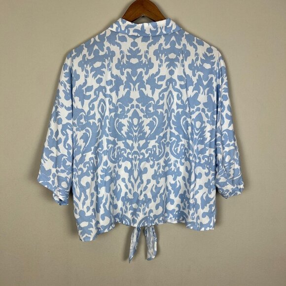 Laundry by Shelli Segal Top XL Blue Damask Crop Button Up Tie Hem 3/4 Dolman Sl - Picture 8 of 11
